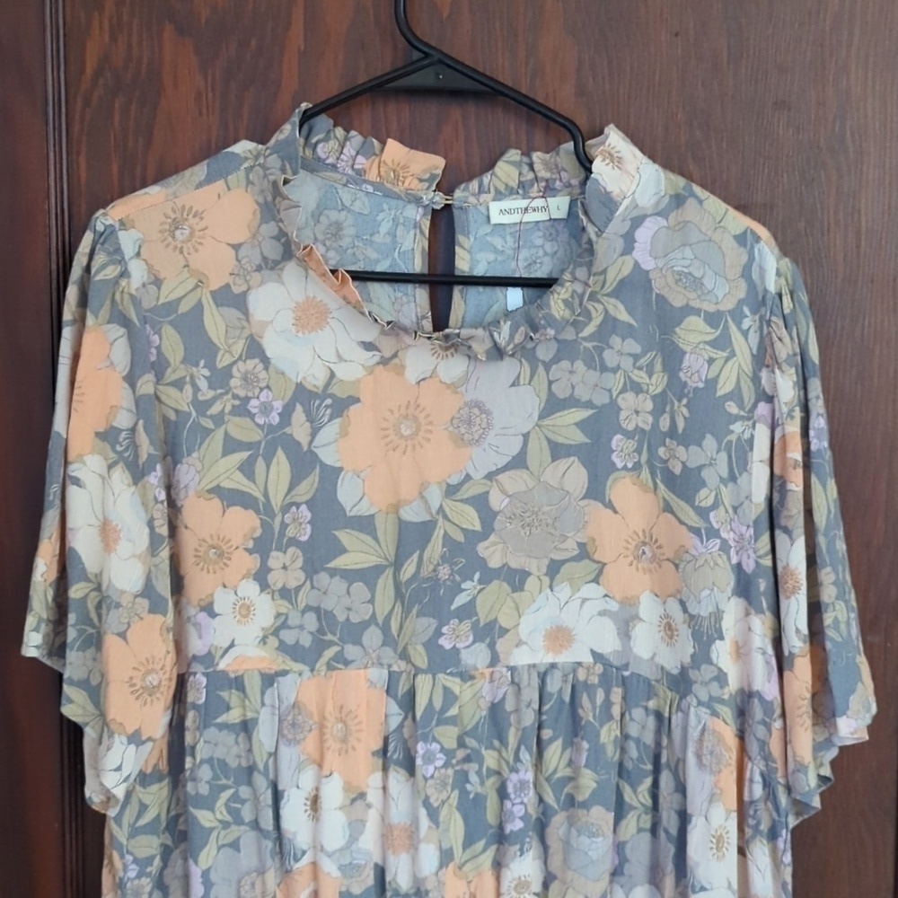 AndTheWhy Short Sleeve Flowy Babydoll Cottagecore Floral Blouse Size Large - Picture 2 of 7